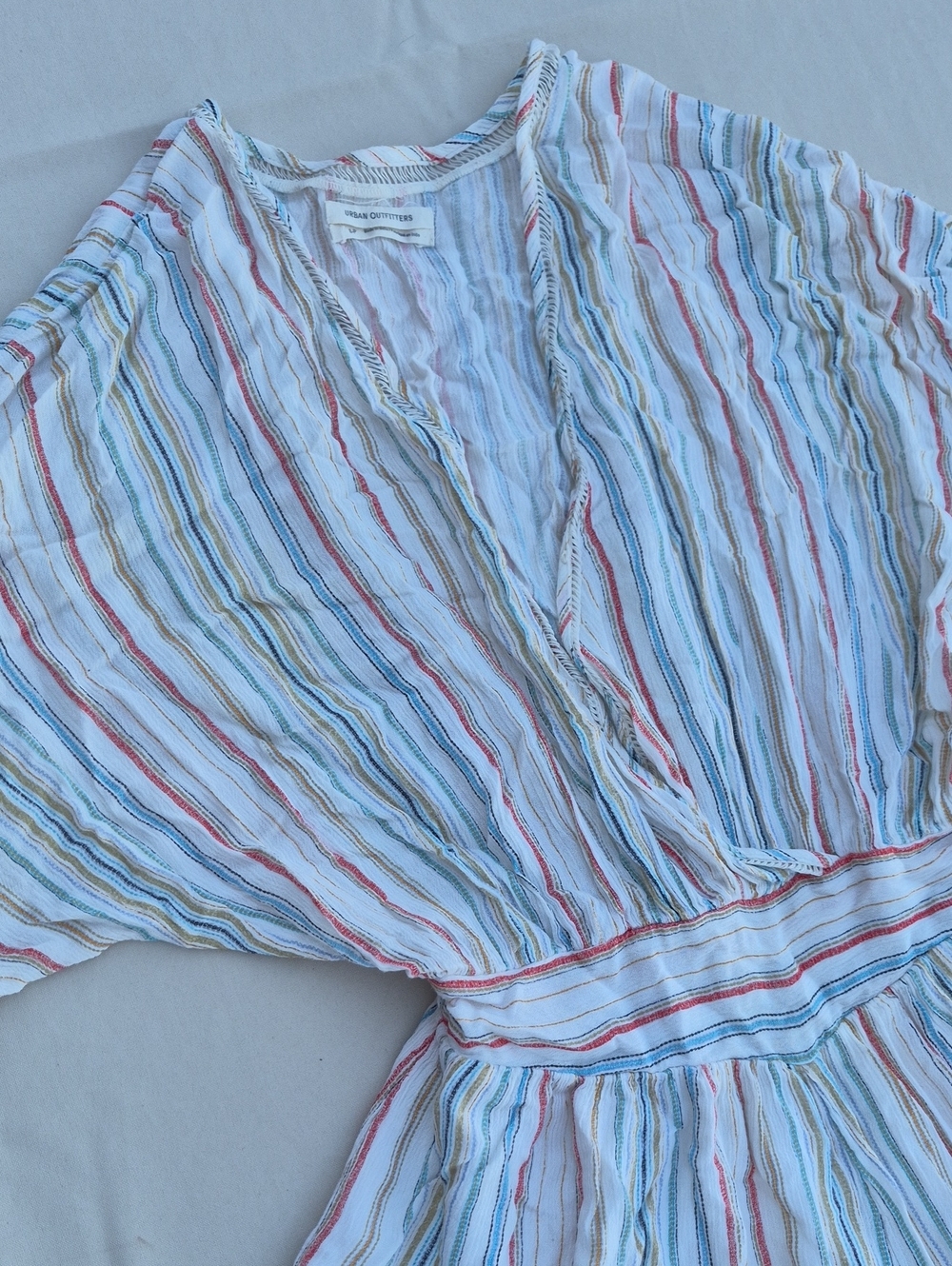 Urban Outfitters White Striped Wrap-Style Dress with Red, Blue & Green Accents